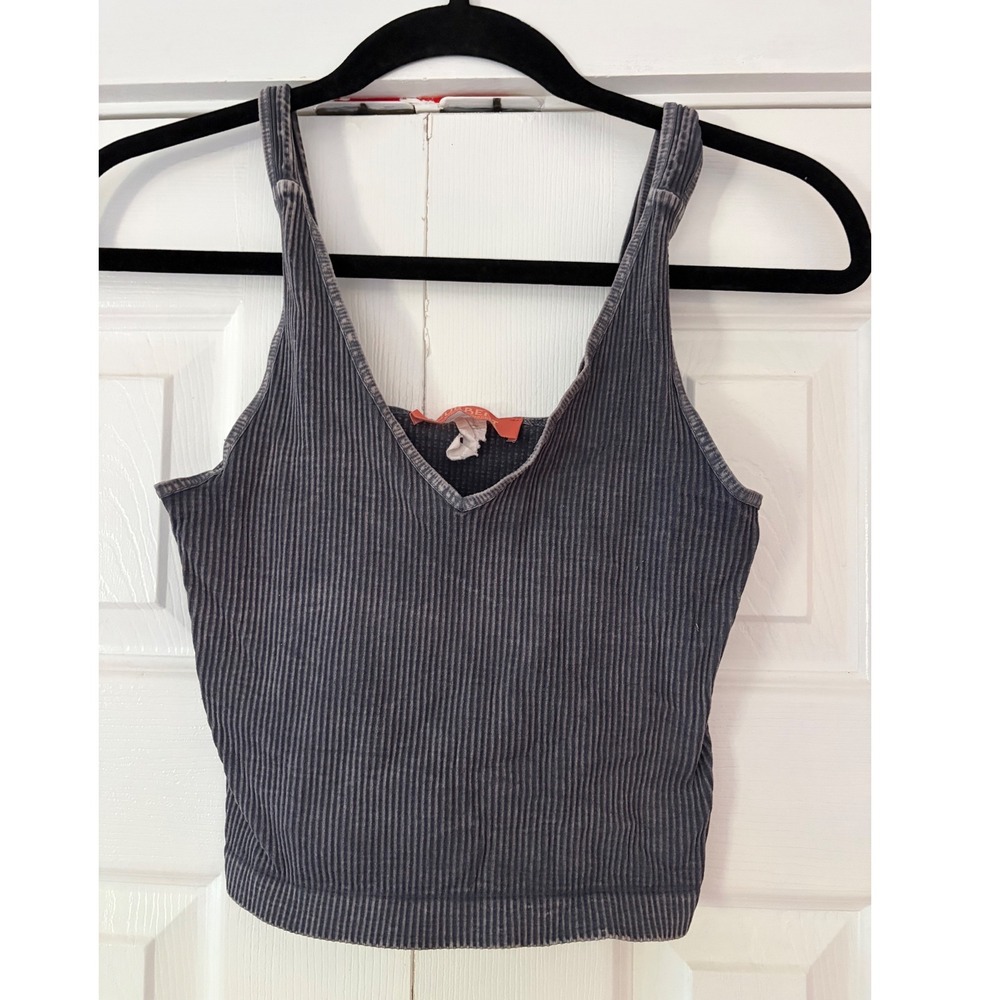 Current San Francisco Ribbed‎ Crop Tank Top Grey V-Neck Mineral Wash OS